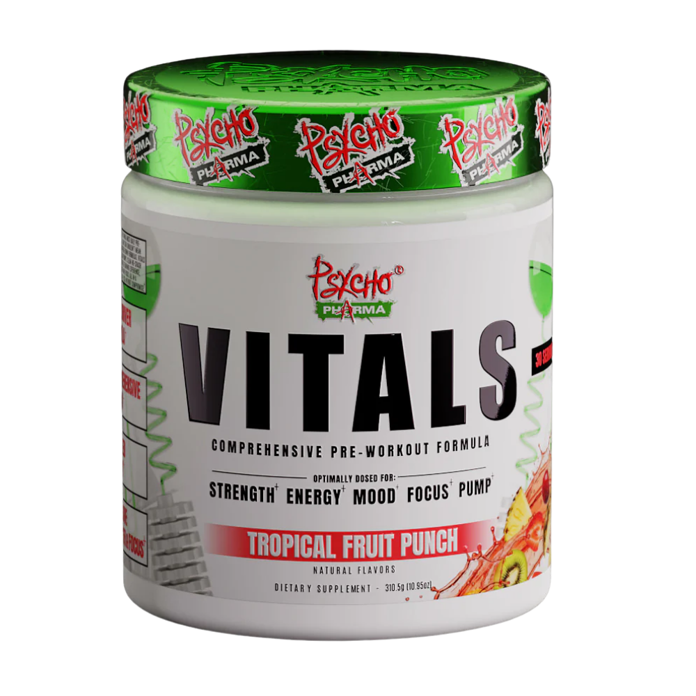 Container of Psycho Pluma Vitals pre-workout supplement with green lid on a white background