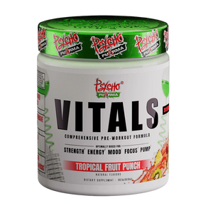 Container of Psycho Pluma Vitals pre-workout supplement with green lid on a white background