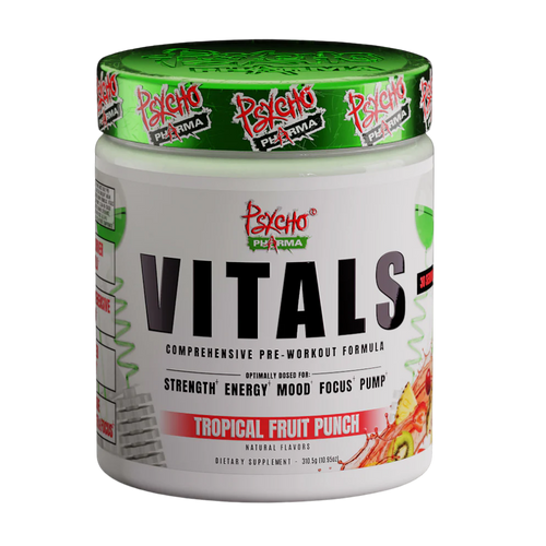 Container of Psycho Pluma Vitals pre-workout supplement with green lid on a white background