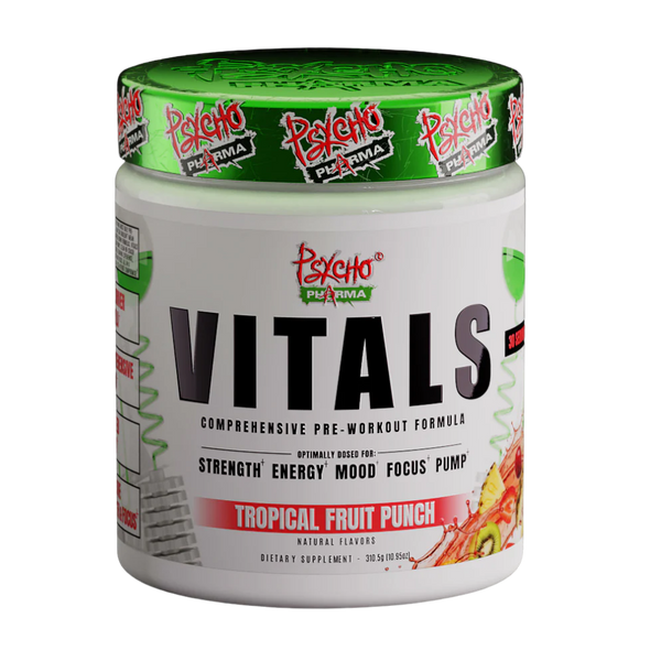 Container of Psycho Pluma Vitals pre-workout supplement with green lid on a white background