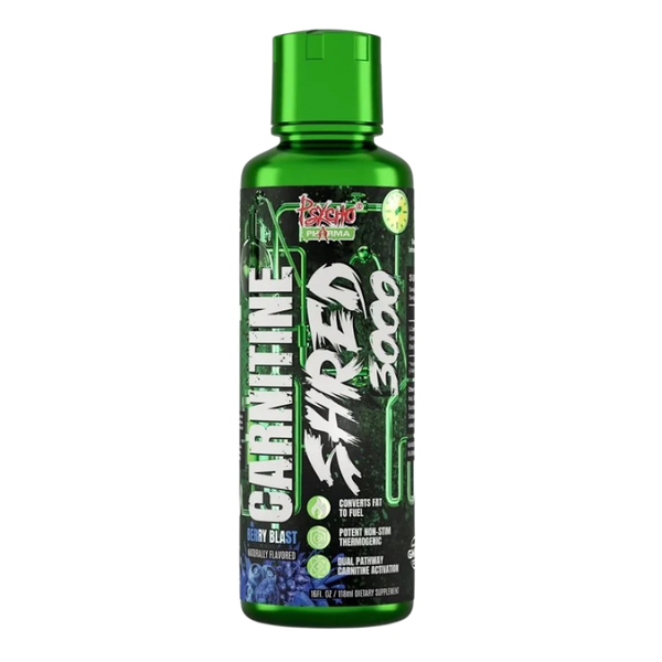 Psycho Pharma Carnitine Shred 3000 bottle in the berry blast flavor on a white background