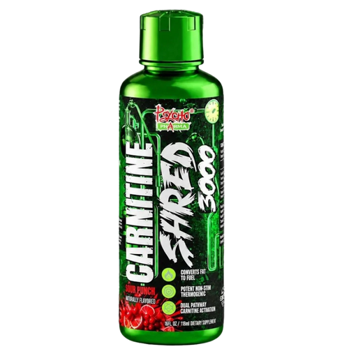 Psycho Pharma Carnitine Shred 3000 bottle in the sour punch flavor on a white background