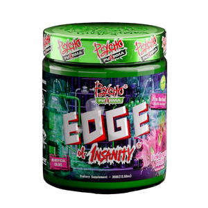 Psycho Pharma Edge of Insanity tub of the pink dragon fruite flavor on a white background.