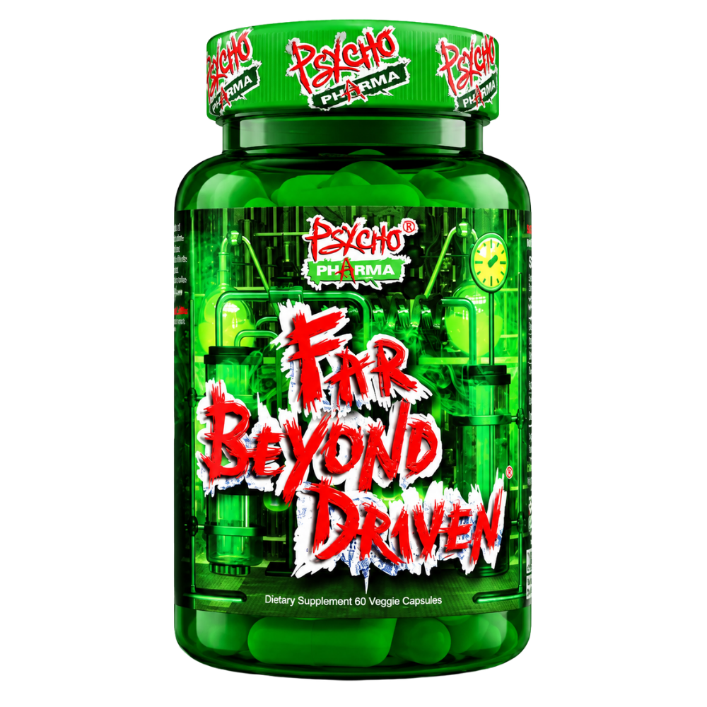 Psycho Pharma Far Beyond Driven green bottle image on a white background.