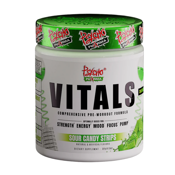 Container of Psycho Pharma Vitals pre-workout supplement on a white background