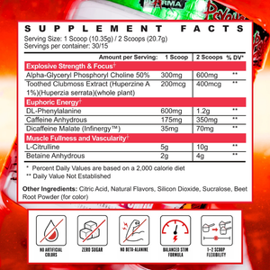 Supplement facts label on a red background with product branding.