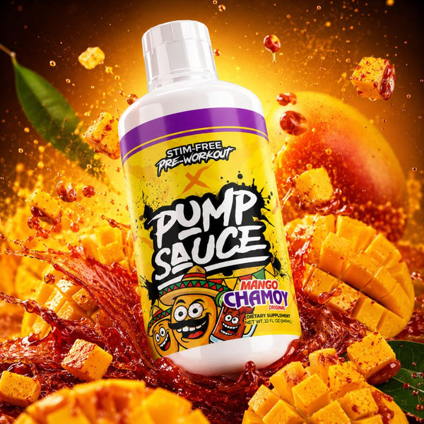 A bottle of Pump Sauce Pre-Workout in Mango Chamoy flavor, featuring a white bottle with a yellow label and purple accents, surrounded by a dynamic splash of red chamoy sauce, mango chunks, and mango slices on a dark background.