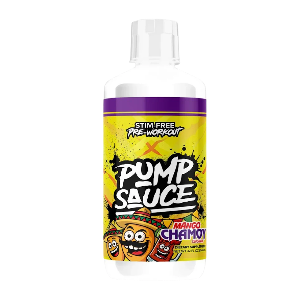 A bottle of Pump Sauce Stim-Free Pre-Workout by PumpTarts, featuring a vibrant blue and pink label with white text, on a solid white background.