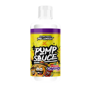 A bottle of Pump Sauce Pre-Workout in Mango Chamoy flavor, featuring a bright yellow label with purple accents and cartoon graphics, on a plain white background.
