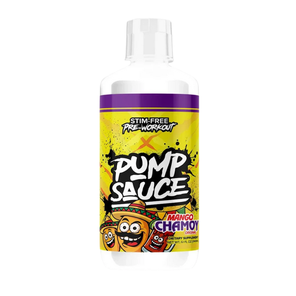 A bottle of Pump Sauce Pre-Workout in Mango Chamoy flavor, featuring a bright yellow label with purple accents and cartoon graphics, on a plain white background.