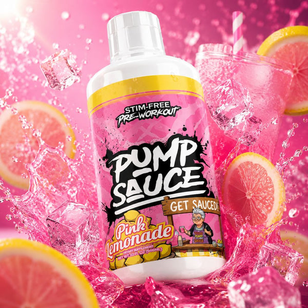 A bottle of Pump Sauce Stim-Free Pre-Workout in Pink Lemonade flavor, surrounded by pink liquid splashes, ice cubes, and sliced grapefruits in a vibrant pink themed setting.