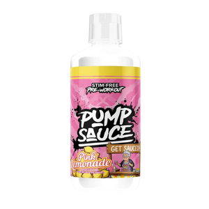 A bottle of Pump Sauce Pre-Workout in Pink Lemonade flavor, featuring a bright pink label with yellow accents and bold white text, on a plain white background.