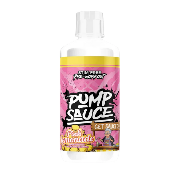 A bottle of Pump Sauce Pre-Workout in Pink Lemonade flavor, featuring a bright pink label with yellow accents and bold white text, on a plain white background.