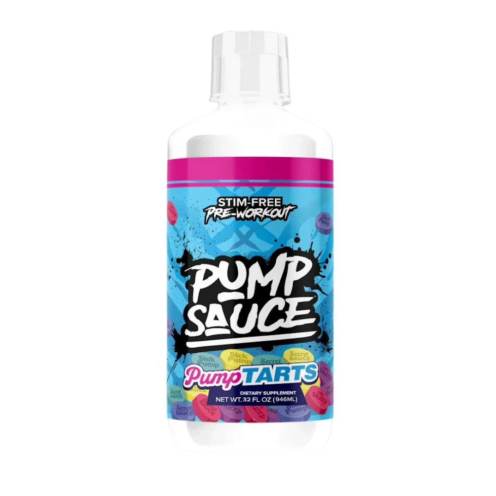 A bottle of Pump Sauce Stim-Free Pre-Workout by PumpTarts, featuring a vibrant blue and pink label with white text, on a solid white background.