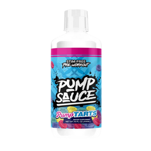 A bottle of Pump Sauce Stim-Free Pre-Workout by PumpTarts, featuring a vibrant blue and pink label with white text, on a solid white background.