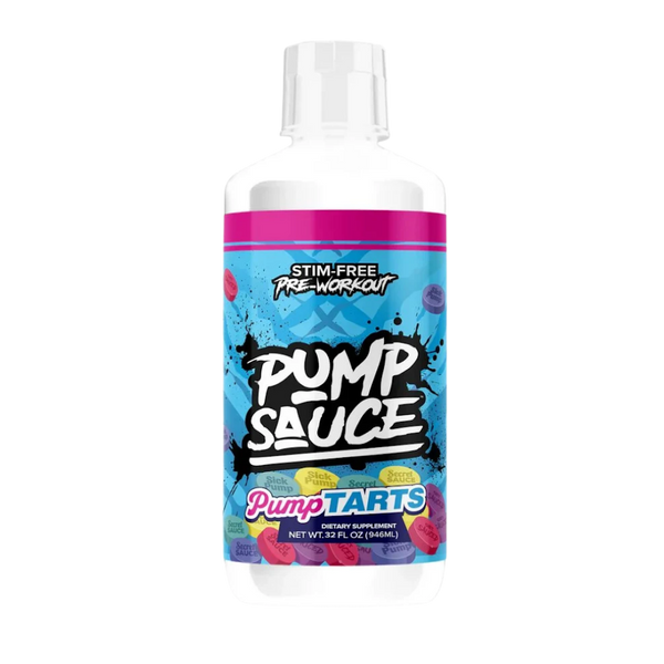 A bottle of Pump Sauce Stim-Free Pre-Workout by PumpTarts, featuring a vibrant blue and pink label with white text, on a solid white background.
