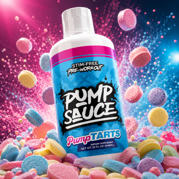 A bottle of Pump Sauce pre-workout dietary supplement by PumpTarts, surrounded by colorful floating and scattered candy-coated tablets against a vibrant pink and blue sparkling background.