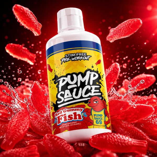 A bottle of Pump Sauce Red Gummy Fish pre-workout supplement, surrounded by floating and splashing red gummy fish on a dark red background.