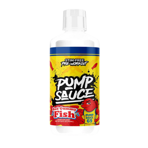 A bottle of Pump Sauce Red Gummy Fish pre-workout supplement, featuring a bright yellow label with red gummy fish graphics and a clear cap, set against a plain white background.