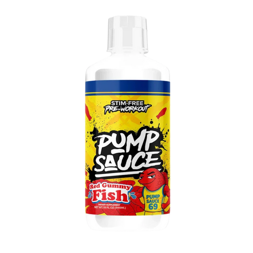 A bottle of Pump Sauce Red Gummy Fish pre-workout supplement, featuring a bright yellow label with red gummy fish graphics and a clear cap, set against a plain white background.