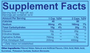 A blue and white Supplement Facts label showing nutritional information for a dietary supplement, including serving size, calories, carbohydrates, and ingredients listed at the bottom.