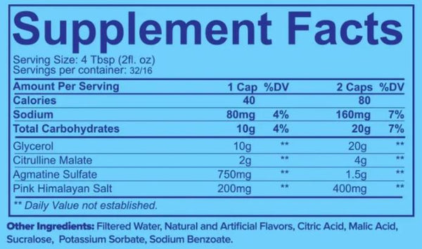 A blue and white Supplement Facts label showing nutritional information for a dietary supplement, including serving size, calories, carbohydrates, and ingredients listed at the bottom.