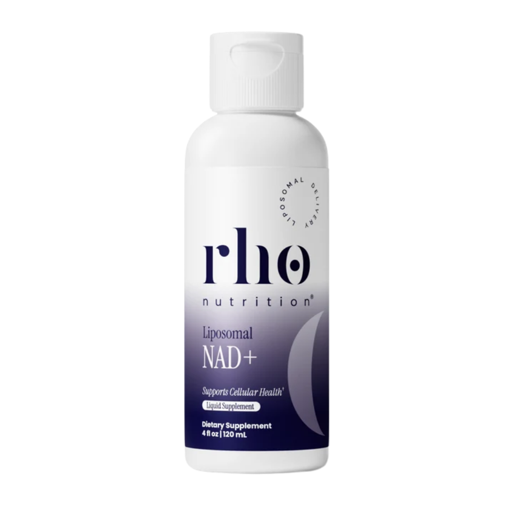 RHO Nutrition Liposomal NAD+ bottle image on a white background. The bottle is white and purple.