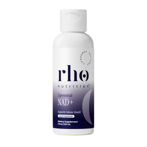 RHO Nutrition Liposomal NAD+ bottle image on a white background. The bottle is white and purple.