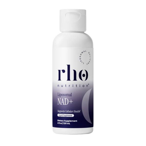 RHO Nutrition Liposomal NAD+ bottle image on a white background. The bottle is white and purple.