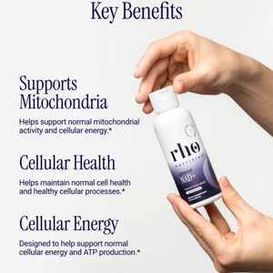 RHO Nutrition Liposomal NAD+ Key benefits listed out on a white background. There are two hands on the image holding the product.