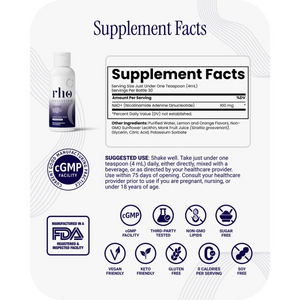 RHO Nutrition Liposomal NAD+ supplement facts on a white background along with the suggested use.