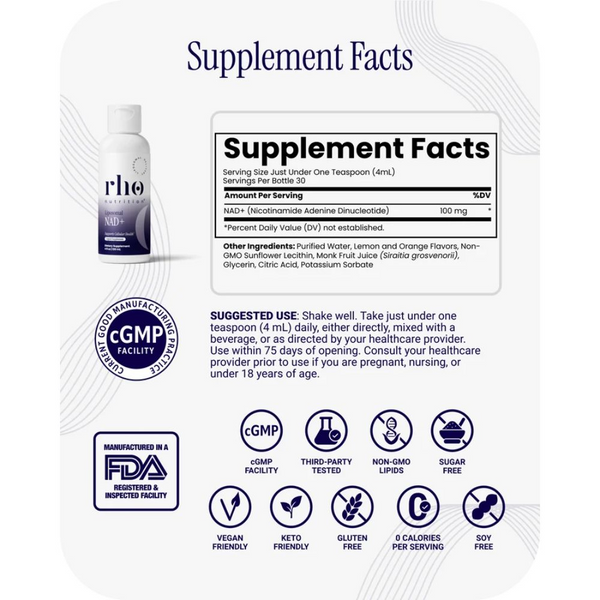 RHO Nutrition Liposomal NAD+ supplement facts on a white background along with the suggested use.