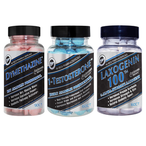 Three bottles of supplements labeled Dymethazine, 1-Testosterone, and Laxogenin 100 on a white background.