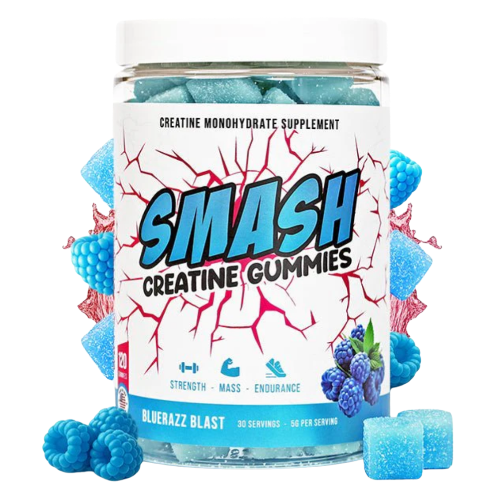 Jar of Smash Creatine Gummies with blue gummy bears on a white background