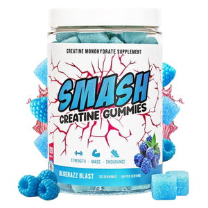 Jar of Smash Creatine Gummies with blue gummy bears on a white background