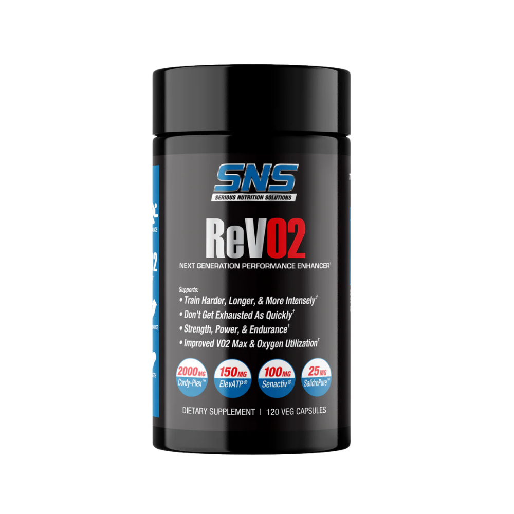 A black bottle of SNS ReV02 dietary supplement with a black cap, featuring a label with blue, white, and red text and graphics, set against a plain white background.