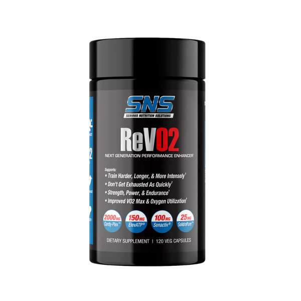 A black bottle of SNS ReV02 dietary supplement with a black cap, featuring a label with blue, white, and red text and graphics, set against a plain white background.