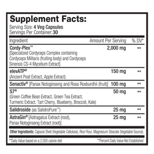 A black and white Supplement Facts label showing ingredients and dosages for Cordy-Plex, elevATP, Senactiv, S7, and Salidroside, with AstraGin listed at the bottom.
