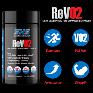 SNS supplement container labeled 'ReV02' with branding and product features on a black background