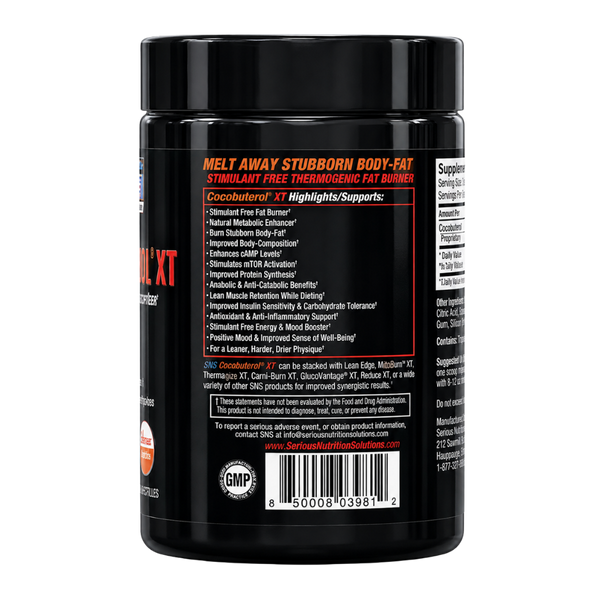 SNS Cocoabuterol XT Black supplement container with red and white text on a white background with a list of highlights/supports.