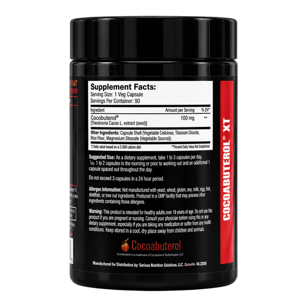 SNS Cocoabuterol XT Black supplement container with label showing supplement facts and branding on a white background