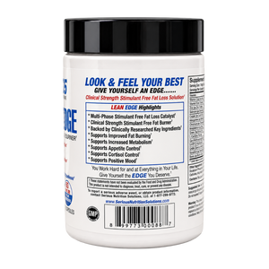 Serious Nutrition Solutions (SNS) Lean Edge bottle with Highlights of the product listed on the side of the bottle.