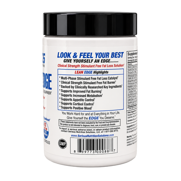 Serious Nutrition Solutions (SNS) Lean Edge bottle with Highlights of the product listed on the side of the bottle.