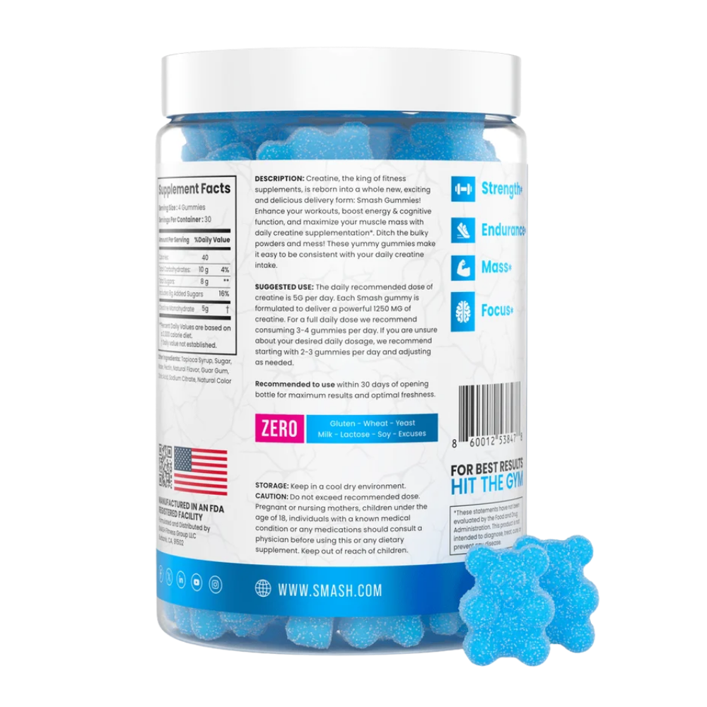 Jar of Smash Creatine Gummies with blue gummy bears on a white background