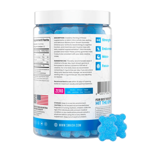 A bottle of Smash Creatine Zero dietary supplement shown from the back, featuring a white cap, blue label with white text, and several blue gummy candies in the foreground on a white background.