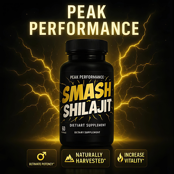 A black bottle of Peak Performance Smash Shilajit dietary supplement centered on a dark background with dramatic yellow lightning effects and glowing text reading 'PEAK PERFORMANCE' and product benefits at the bottom.