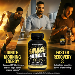 A promotional graphic for Peak Performance Smash Shilajit dietary supplement, showing a black bottle in the center with three lifestyle panels of men exercising and recovering, set against a split orange and dark background with marketing text.