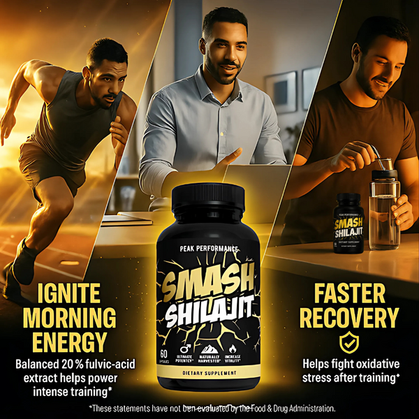 A promotional graphic for Peak Performance Smash Shilajit dietary supplement, showing a black bottle in the center with three lifestyle panels of men exercising and recovering, set against a split orange and dark background with marketing text.