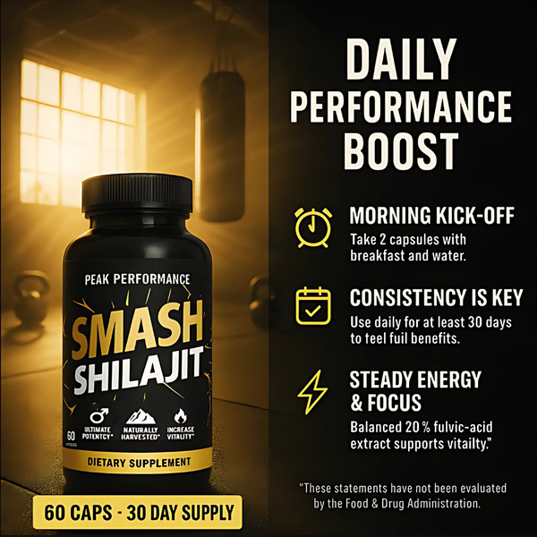 A black supplement bottle labeled 'SMASH SHILAJIT' with yellow and white text, shown on a dark promotional background with text callouts about daily performance boost and capsule instructions.