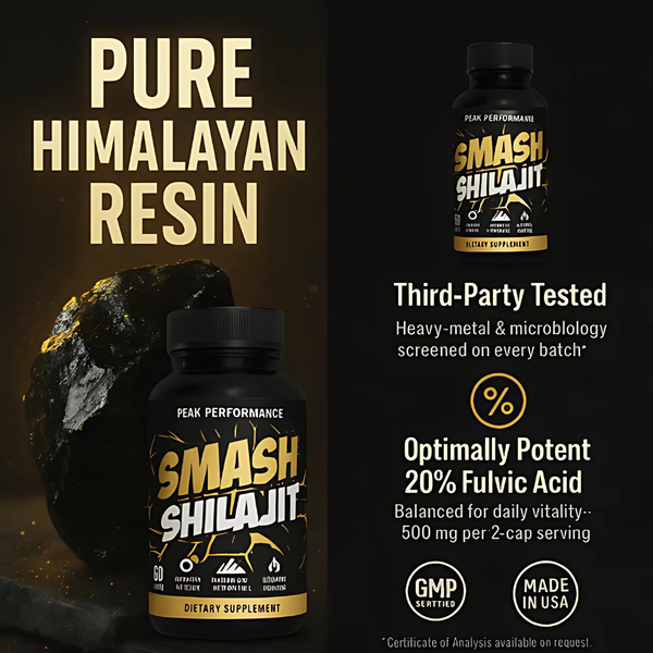 Peak Performance Smash Shilajit dietary supplement bottle on a dark promotional background with text reading 'Pure Himalayan Resin' and product claims.